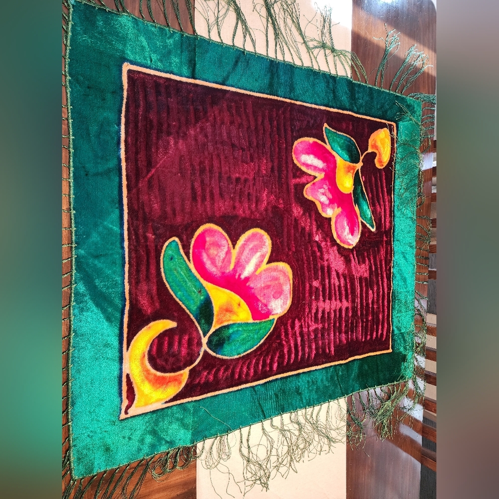 Vintage Velvet Piano Scarf Tablecloth Tapestry 35x32" Fringe Antique